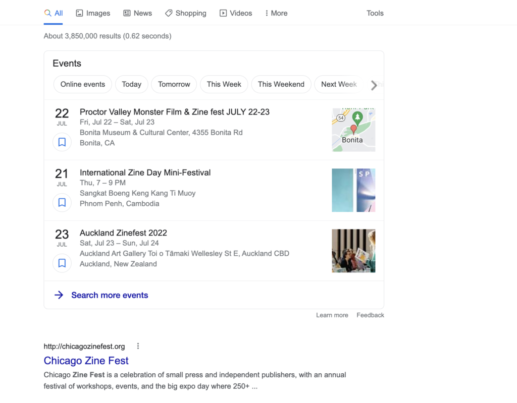 Screen capture of a Google search for "zine fest."