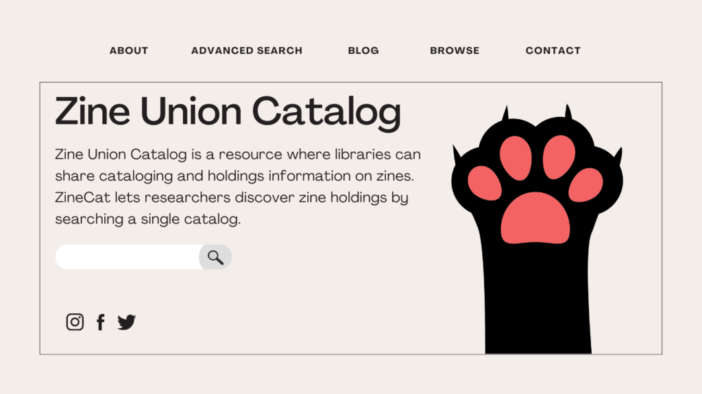 Website mock-up with about text and navigation tabs on top, featuring the ZineCat paw logo.